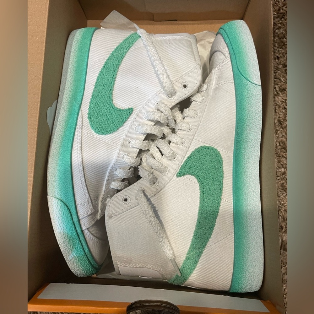 Nike White High-Top Sneakers with Mint Green Swoosh